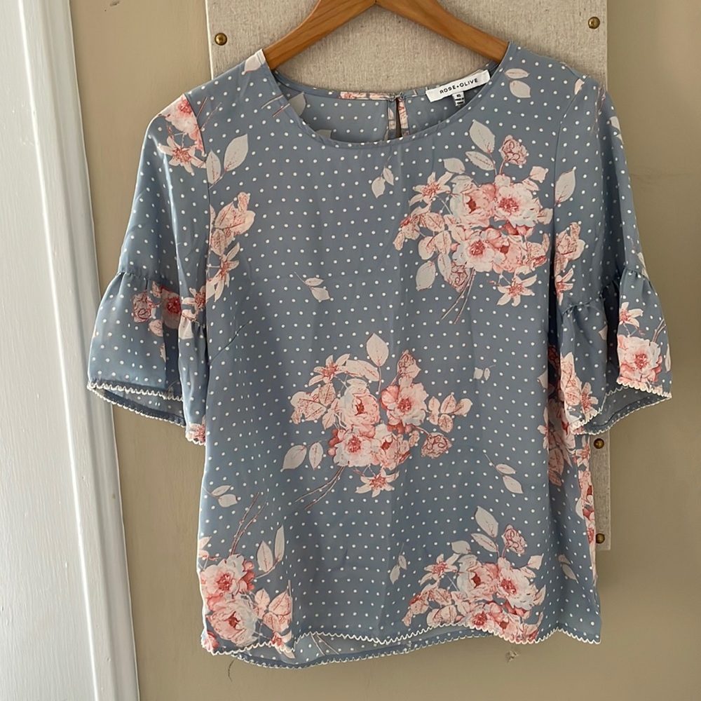 Rose + Olive | Blue Polka Dots Blue Rose Pink Floral Blouse XS